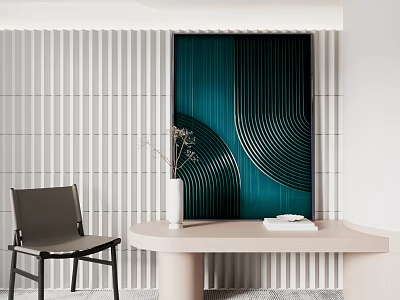 Stylish Teal Abstract Painting With Curved Lines In Modern Interior Console Table Chair And Vase 3d model
