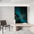 Stylish Teal Abstract Painting With Curved Lines In Modern Interior Console Table Chair And Vase