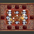 Red Dining Table Set With Six Chairs Tableware Fruits On Red Patterned Rug 3d model