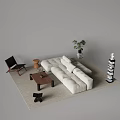 Modern Beige Sofa And Wooden Coffee Table Set With Accent Chair Potted Plant And Bookshelf