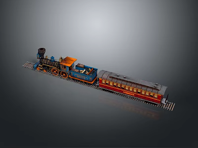 Vintage Steam Train Model Featuring Blue Locomotive Red Passenger Carriage And Railway Track Details 3d model