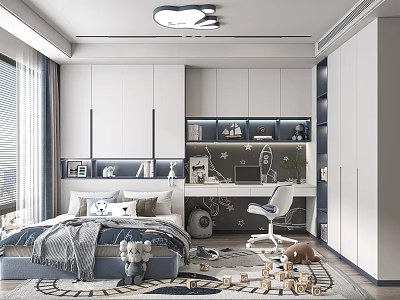 Modern Tatami Bedroom Interior With White Cabinets Desk Chair Cloud Light And Toys 3d model