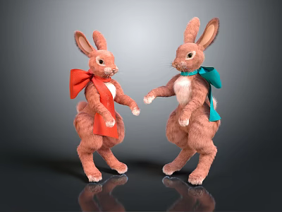 Plush Rabbit Stuffed Toys with Red and Green Bows Dancing on Reflective Surface 3d model