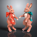 Plush Rabbit Stuffed Toys with Red and Green Bows Dancing on Reflective Surface 3d model
