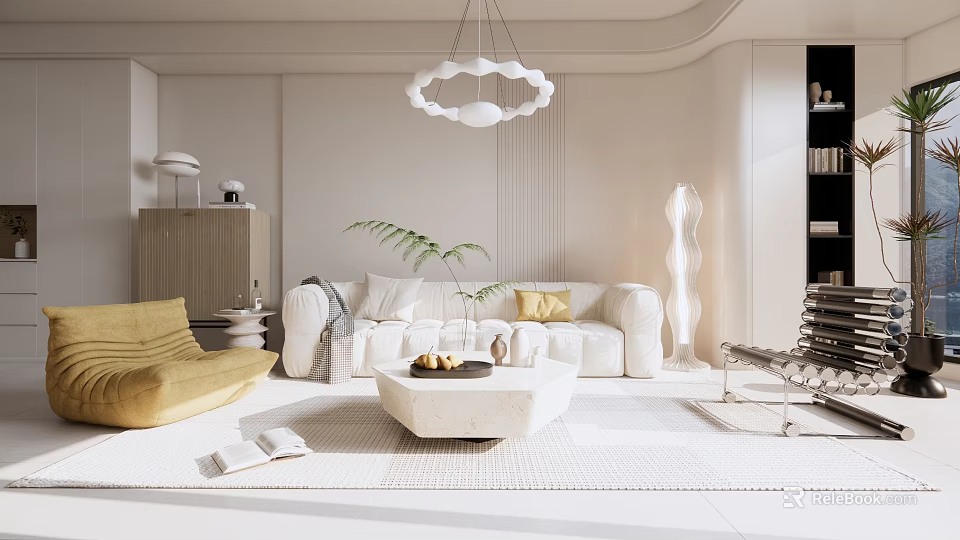 Modern Living Room Interior With White Sofa Yellow Armchair Circular Pendant Light And White Rug 3d model 