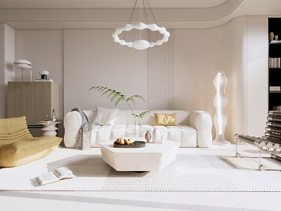 Modern Living Room Interior With White Sofa Yellow Armchair Circular Pendant Light And White Rug 3d model