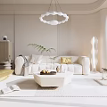 Modern Living Room Interior With White Sofa Yellow Armchair Circular Pendant Light And White Rug