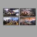 Four Historical Battle Scene Paintings With Military Figures Landscapes And Action