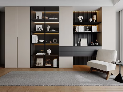 Modern Bookcase Interior Design With Books Decorative Items And Chair 3d model