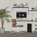 Modern Home Office Desk With Computer Monitor Desk Lamp Brown Chair And Green Plant