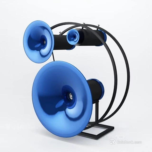 Modern Audio Speaker System With Blue Horns And Black Circular Metal Stand 3d model 