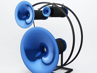 Modern Audio Speaker System With Blue Horns And Black Circular Metal Stand 3d model