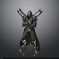 3D Fantasy Character In Hooded Cloak With Metallic Armor And Blue Glow Blades