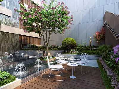 Serene Modern Garden Landscape Design With Fountains White Chairs Pink Flower Tree And Wooden Deck 3d model