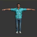 Man In Blue Palm Tree Shirt With Blue Jeans And White Sneakers Arms Outstretched