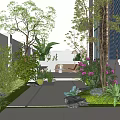 Lush Courtyard Garden Design With Stone Pathway Various Plants Colorful Flowers Decorative Lanterns And Natural Stones