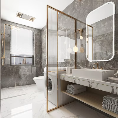 Elegant Modern Bathroom Interior With Marble Counter Glass Shower Round Mirror And Lighting Fixtures 3d model