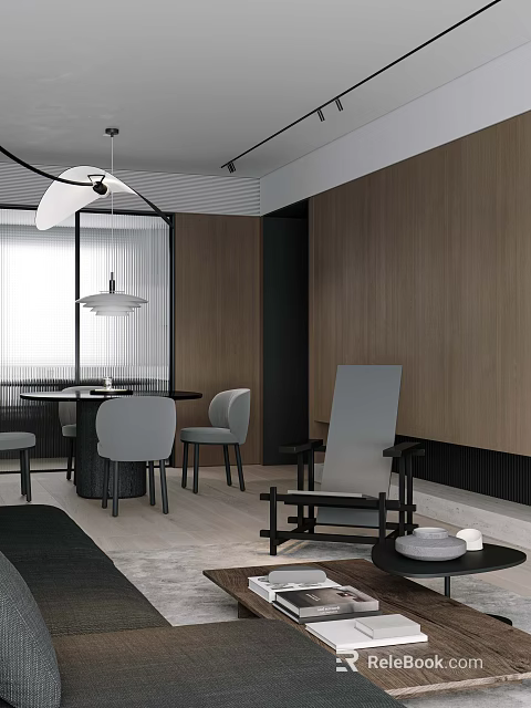 Modern Minimalist Integrated Living And Dining Room With Wood Panel Walls And Elegant Soft Furnishings 3d model 