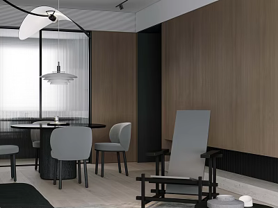 Modern Minimalist Integrated Living And Dining Room With Wood Panel Walls And Elegant Soft Furnishings 3d model