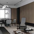 Modern Minimalist Integrated Living And Dining Room With Wood Panel Walls And Elegant Soft Furnishings