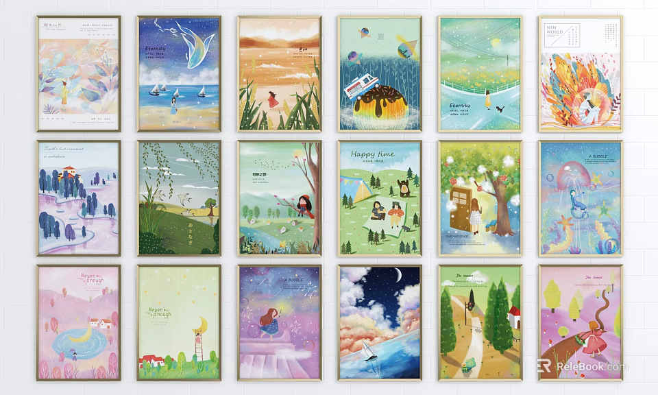 Multiple Colorful Children's Illustrations Arranged on Wall with Scenic Artworks 3d model 