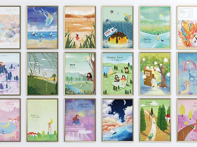 Multiple Colorful Children's Illustrations Arranged on Wall with Scenic Artworks 3d model