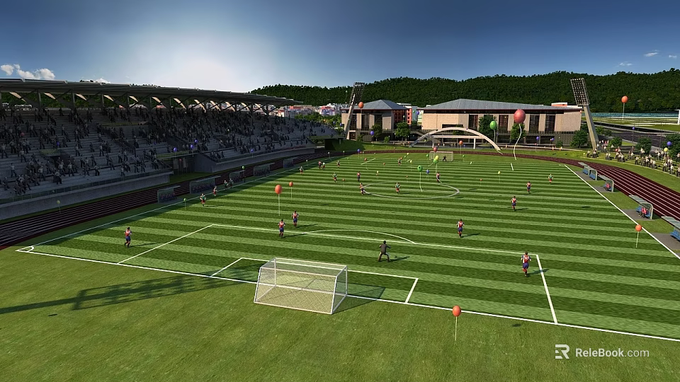 Aerial Planning of Football Field with Players Stadium Stands and Surrounding Buildings 3d model 