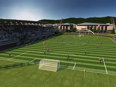 Aerial Planning of Football Field with Players Stadium Stands and Surrounding Buildings 3d model