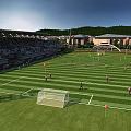 Aerial Planning of Football Field with Players Stadium Stands and Surrounding Buildings