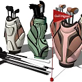 Colorful Golf Sports Equipment Display Featuring Multiple Bags Clubs And Ball