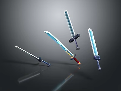 Various Designed Swords Featuring Different Hilts Blades And Blue Glow On Dark Reflective Background 3d model