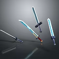 Various Designed Swords Featuring Different Hilts Blades And Blue Glow On Dark Reflective Background
