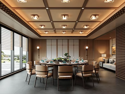 Elegant Private Dining Room With Round Table Comfortable Chairs And Ceiling Lights Large Windows 3d model