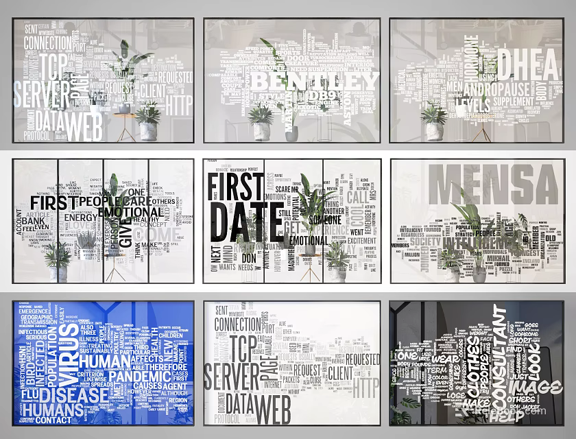 Modern Glass Partition With Creative Text Design And Potted Plants For Interior 3d model