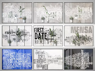 Modern Glass Partition With Creative Text Design And Potted Plants For Interior 3d model