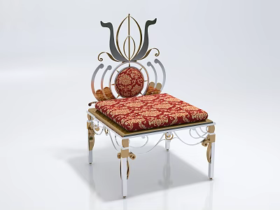Ornate Leisure Chair With Floral Metal Backrest Red Cushion Golden Pattern Decorative Frame 3d model