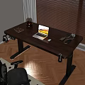 Wooden Computer Desk With Laptop Mouse Phone Headphones Lamp And Black Legs