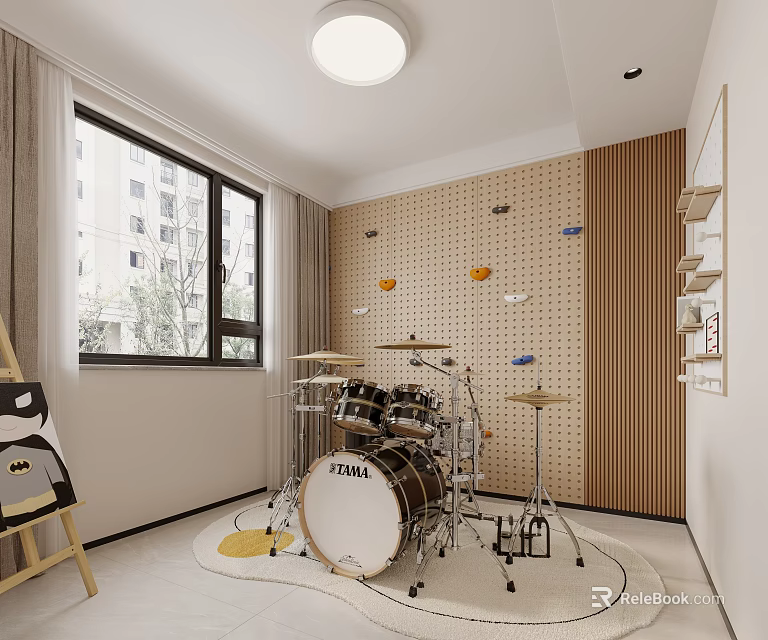 Modern Cozy Entertainment Room With Drum Set And Pegboard Wall 3d model 