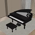 Elegant Black Grand Piano With Gold Accents And Matching Bench On Gray Carpet