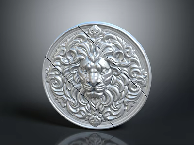 Silver Round Shield With Lion Head Carving And Intricate Decorative Patterns 3d model