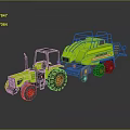 Green Tractor With Attached Trailer And Red Wheels On Reflective Surface 3d model