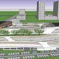 Modern Commercial Complex With Curved Exterior Glass Curtain Walls And Surrounding Trees Street Lamps