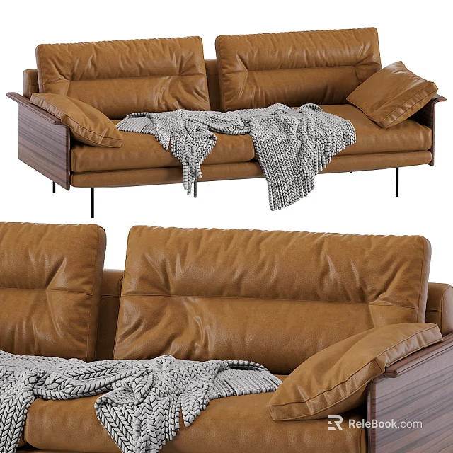 Brown Two Seater Leather Sofa With Wooden Armrests Black Metal Legs And Gray Plaid Blanket 3d model 