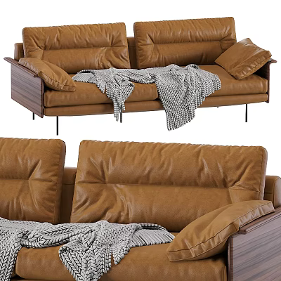 Brown Two Seater Leather Sofa With Wooden Armrests Black Metal Legs And Gray Plaid Blanket 3d model