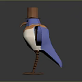 Cartoon Flying Bird Wearing Brown Top Hat with Blue Wings Clock Design and Striped Legs
