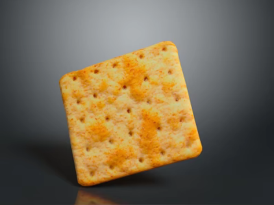 Golden square cracker with small holes and orange spots showing surface texture on gray background 3d model