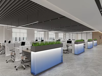 Modern Public Office Space With Workstations White Office Chairs Green Planters And Gray Floor 3d model