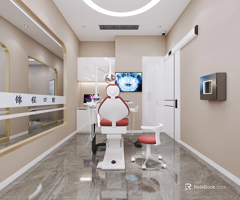 Modern Dental Clinic Interior with Dental Chair TV Screen Mirror and Cabinet 3d model 