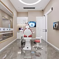 Modern Dental Clinic Interior with Dental Chair TV Screen Mirror and Cabinet