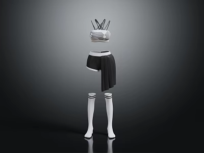 Fashionable Women's Outfit with White Top Black Skirt Striped Socks Layered Design and Hair Accessories 3d model